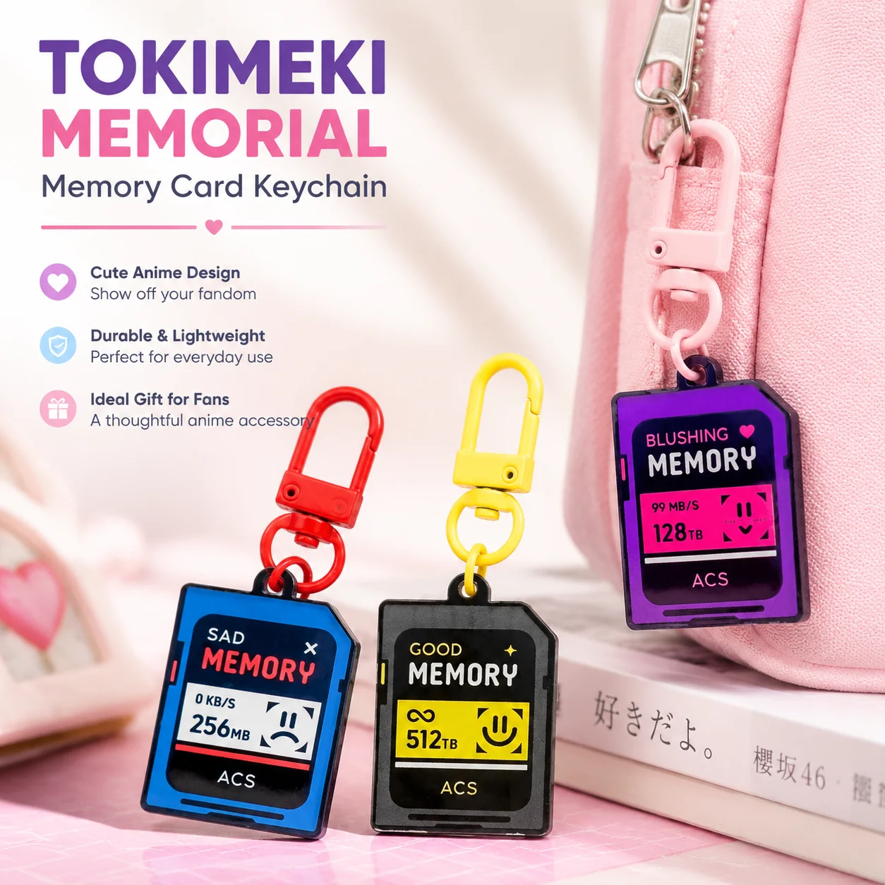 Llavero con Diseño de Tarjeta de Memoria Tokimeki Memorial, Lindo Colgante para Mochila, Accesorio Periférico de Anime, Regalo para Fans