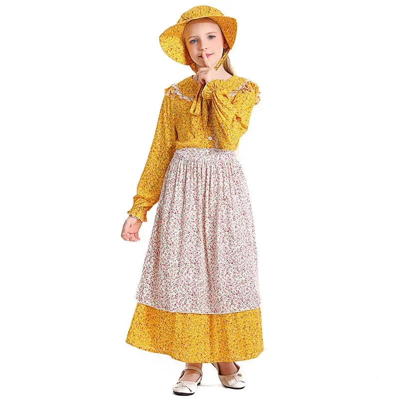 Children's Yellow Floral Colonial Girl Rural Dress Stage Costume