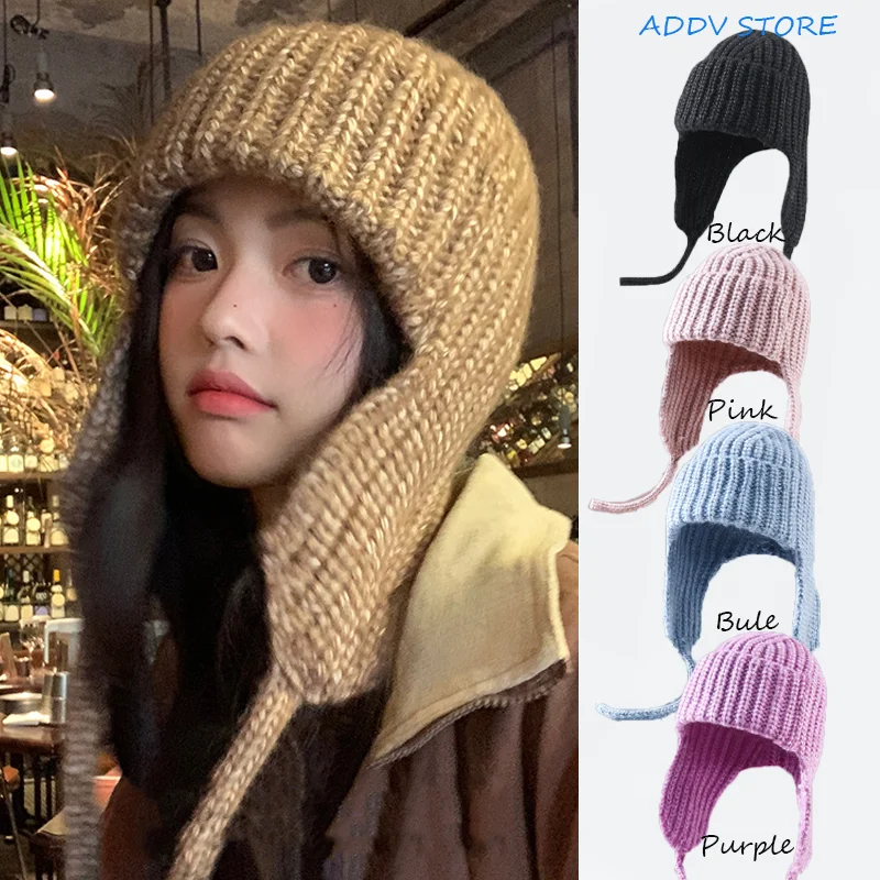 Paternity Knitted Ear Protectors Woman Winter Versatile Bomber Hat Thread Frenulum Solid Color Pullover Hats