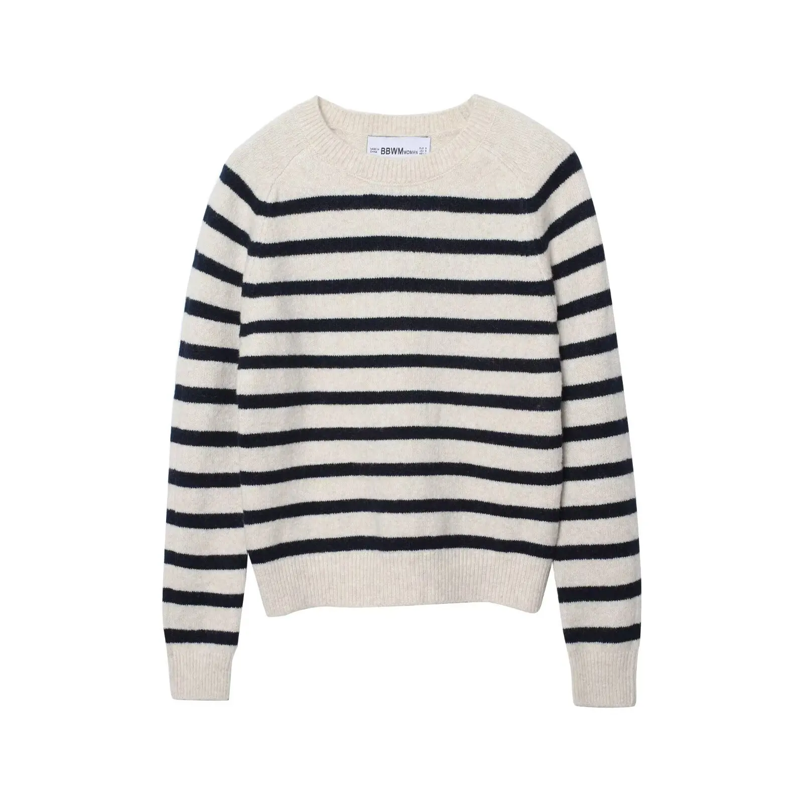 

Autumn/winter Women's Warm Striped Wool-blend Sweater Round Neck Black and White Color-block Casual Loose Pullover Knit Top