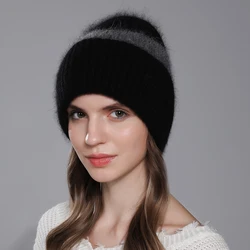 CNTANG New Winter Beanies Two-color Angora Rabbit Fur Hat For Women Warm Knitted Fashion Female Hats High Quality Luxury Cap