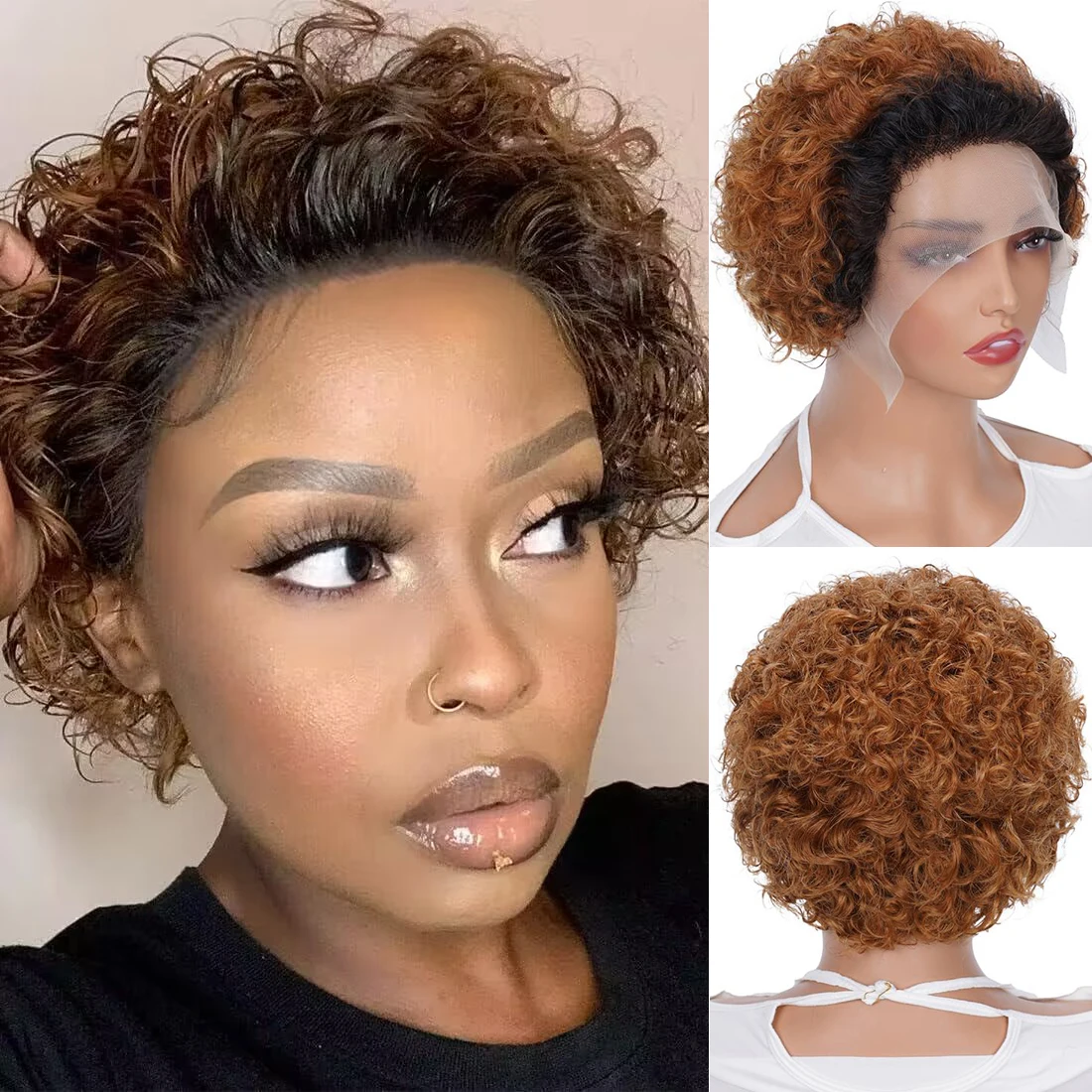 

Short Curly Weave 13x1 Human Hair Lace Front Wigs for Women Brazilian Virgin Short Curly Wigs Human Hair 150% Density 1B/30