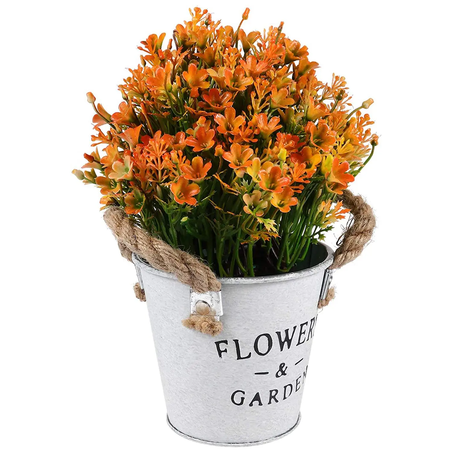 Artificial Bonsai Flower Fake Flowers with Vase Iron Sheet Flower Bucket for Vintage Wedding Table Center Orange