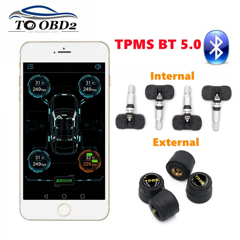 BLE TPMS 5.0 Wireless 4 Sensors Car Tire Tyre Pressure Monitoring System TPMS Alarm Warning By Bluetooth 5.0 For APP IOS/Android