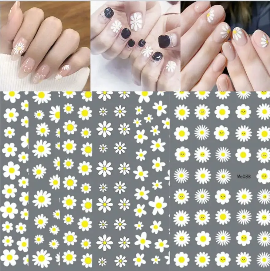 White Daisy Flowers Nail Stickers Summer Small Floral Leaves Sunflower Nail Art Decorations Self-Adhesive Slider Manicure Decals