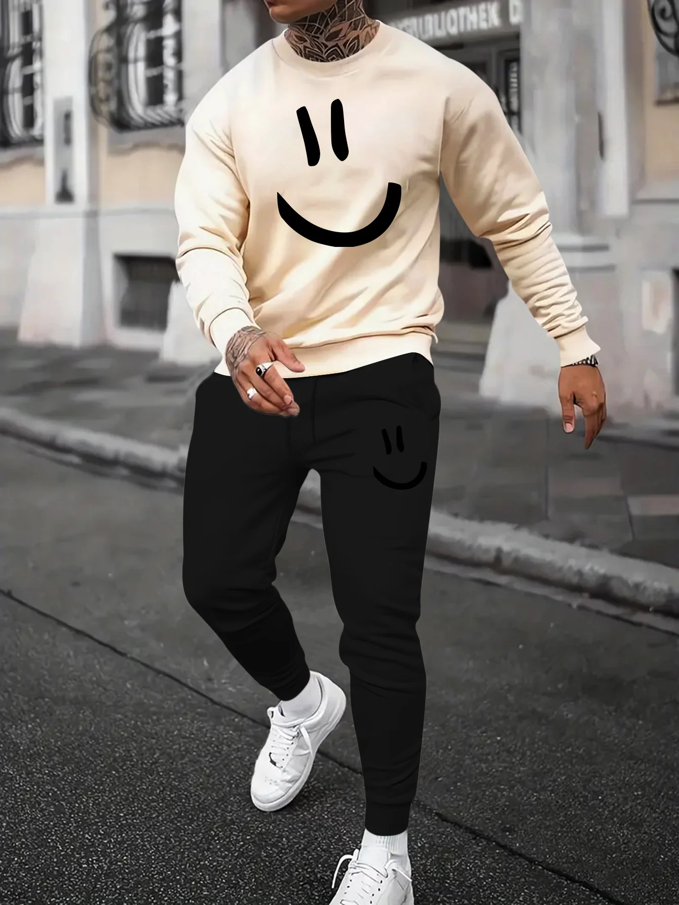 

Autumn and Winter Men Sports and Leisure Long Sleeve Set Smiling Face Printed Pattern Men Long Sleeve Leisure Set Quick Drying