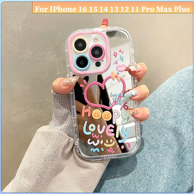 Funda de teléfono con espejo de corazón de alta calidad para iPhone 11 12 13 14 15 16 Pro Max cubierta trasera a prueba de golpes