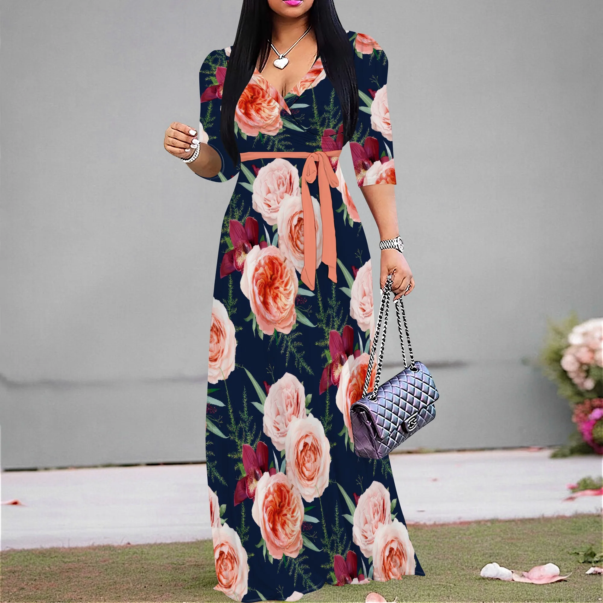 

Navy Floral V Neck Maxi Dress Women's Elegant Belted Half Sleeve Summer Garden Party Outfit