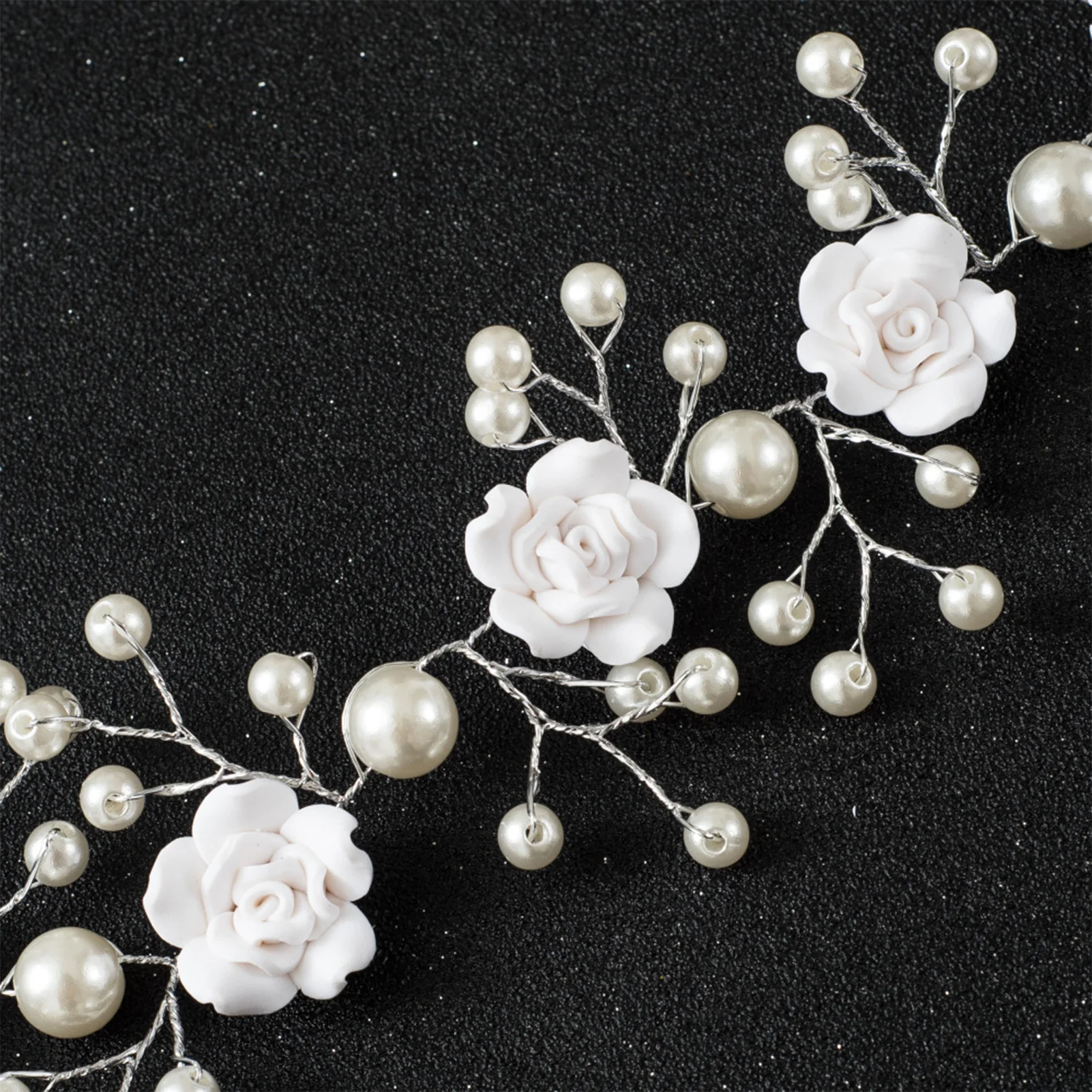 Bridal White Flower Headband Soft Ceramic Rose Headdress Pearls Hair Vine for Woman Hair Styling Tools