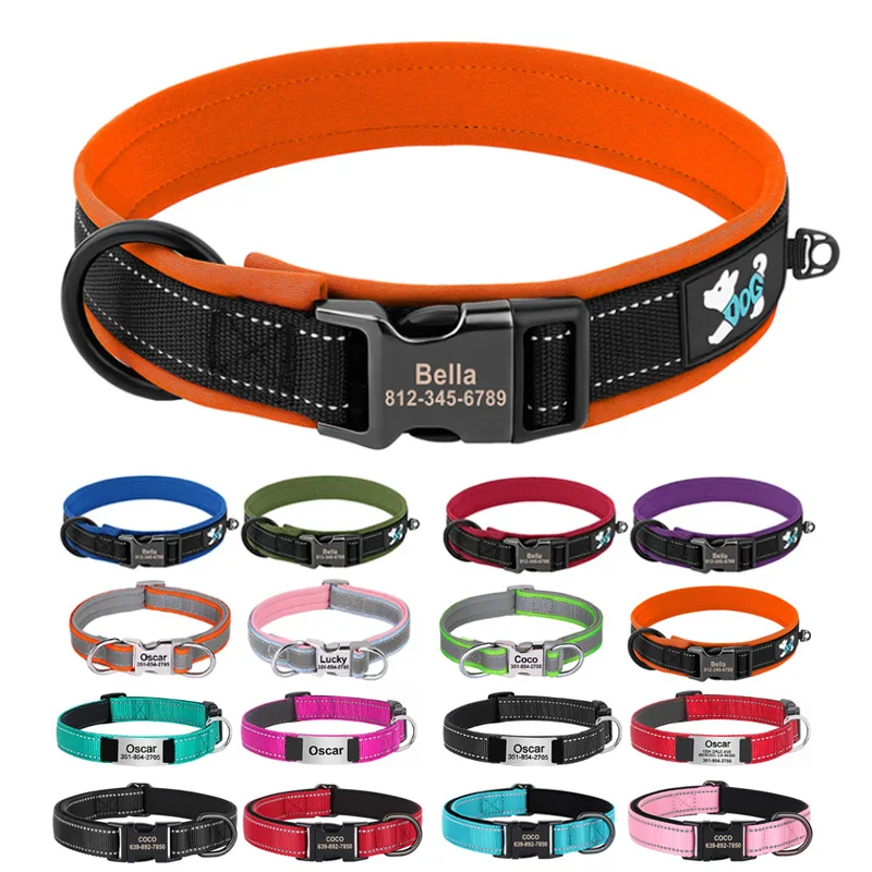 

Reflective Personalized Dog Collar Engrave ID Nylon Collars Soft Padded Dogs Collar Adjustable for Small Medium Large Dogs Pug