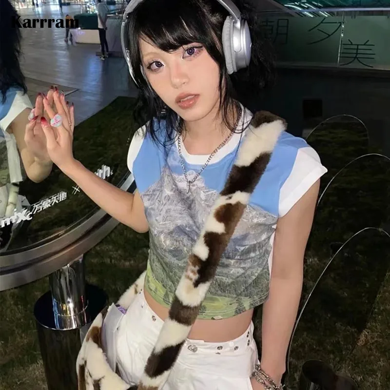Karrram Y2k Aesthetics Crop Tops Japanese Harajuku Patchwork T-shirt 2000s E-girls Short Sleeve Tee Shirt Grunge Mall Goth Tops