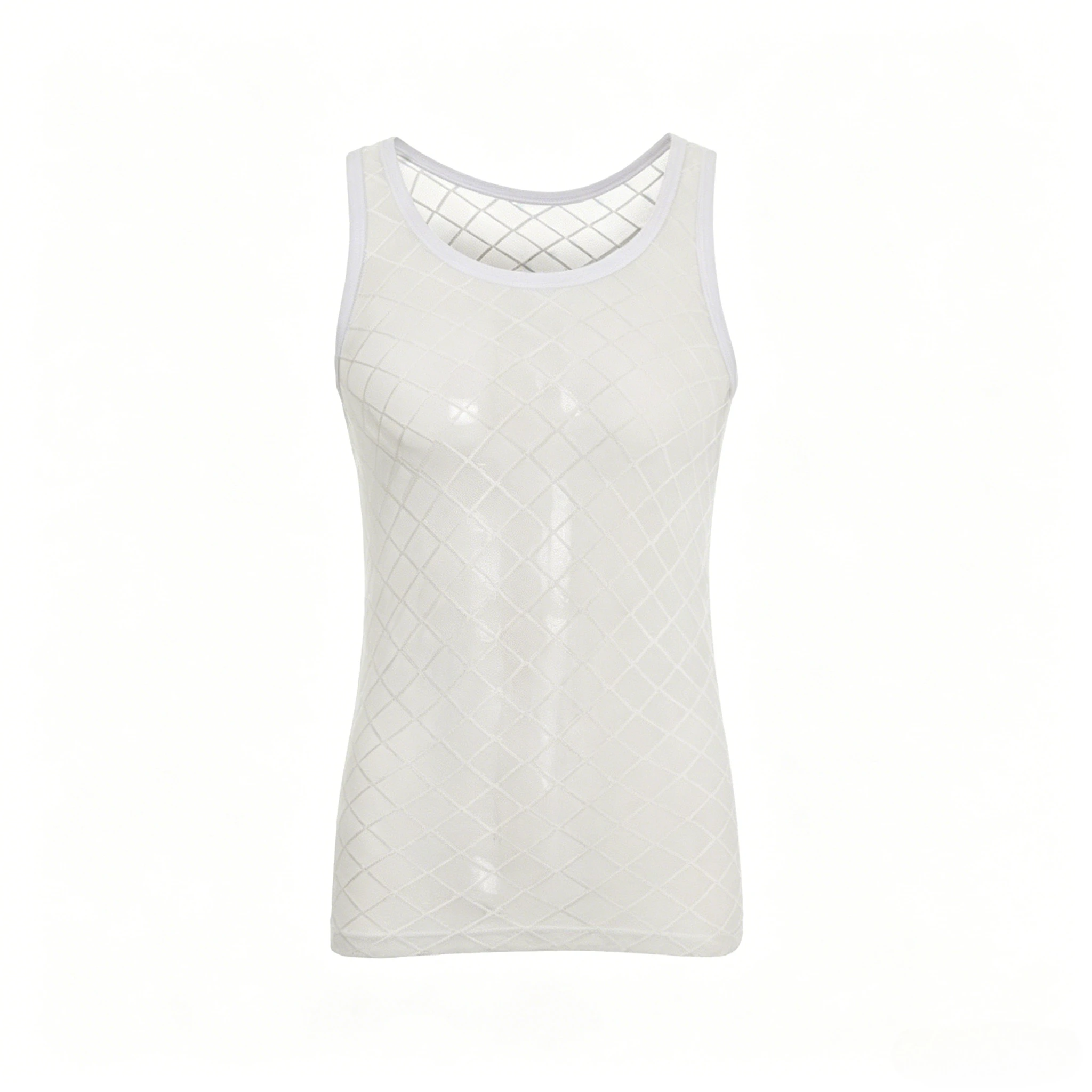 Men's Sexy Diamond Mesh Sheer Tank Top Sexy Breathable Sleeveless See-Through Fishnet Crew Neck Vest Lightweight Casual Clubwear