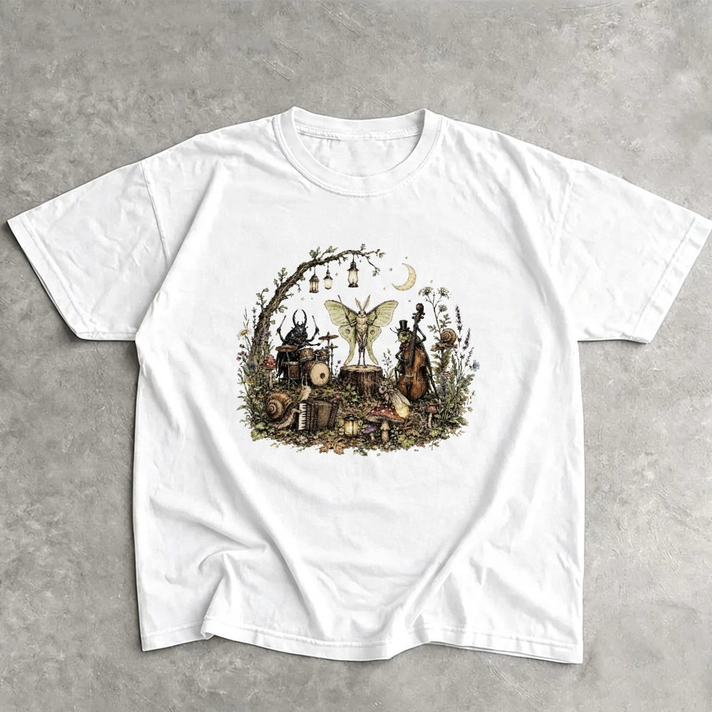Forest Bug Music Band Vintage Insect Art Print Women T Shirt Goblincore Fairy Graphic Casual Short Sleeve Y2k Top Women Clothes