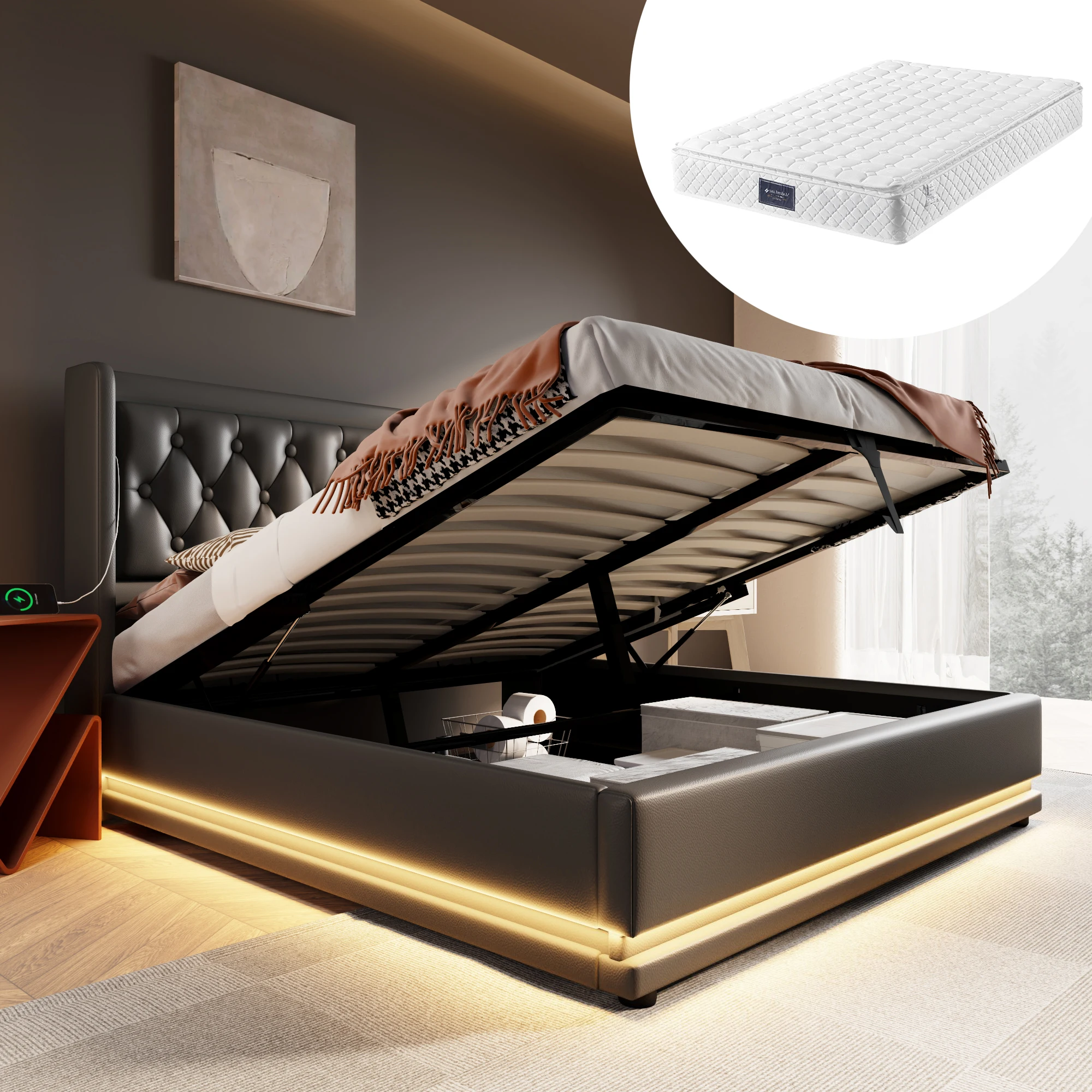 Upholstery bed double bed 140x200 cm, 3-sided LED function, USB-C charging function, Black PU, incl. Mattress