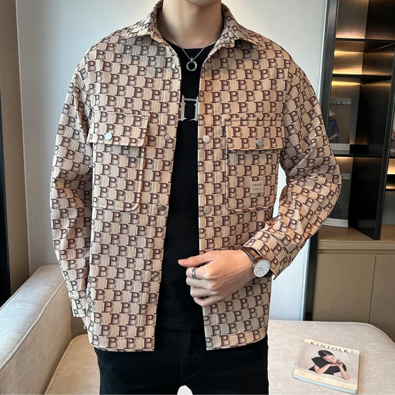 Korean Fashion Letter Printed Jacket for Men Autumn Multi Pocket Lapel Casual Shirt Jackets Versatile Casual Youth Outwear Coats