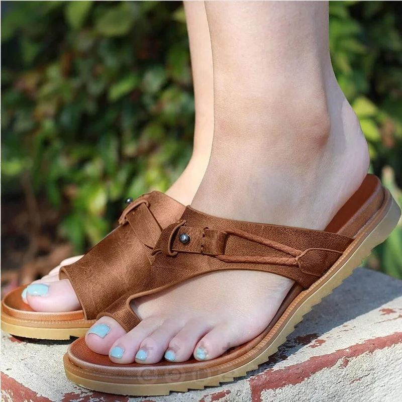 

2024 Sandals for Women Orthopedic Bunion Corrector Slippers Leather Ring Toe Sandal Comfy Platform Flat Lady Shoes Plus Sizes 43