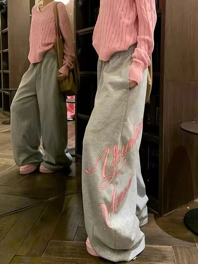 

American Style Beveled Letter Print Trousers for Women Thin Autumn Winter High-waisted Slim Versatile Casual Wide-leg Pants