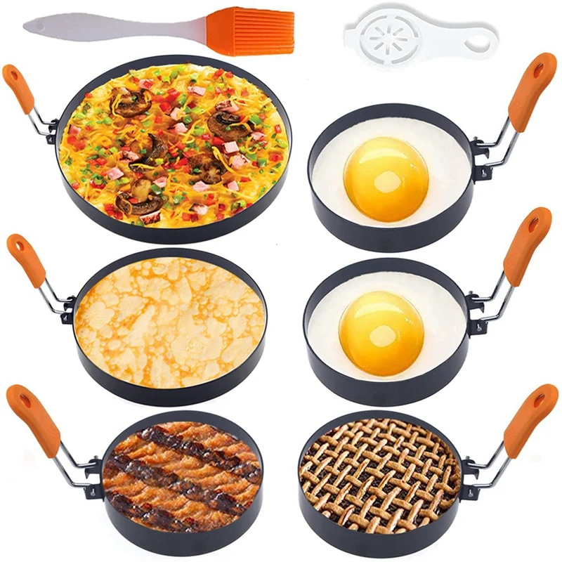 6 Pack Large Egg Rings Non-Stick Egg Rings For Frying Egg, For Egg Muffin Shaper With Oil Brush