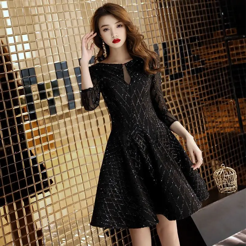 Evening Gown Women's New Black Evening Party Cocktail Party Birthday Party Dress Small Dress Socialite Noble Short Style