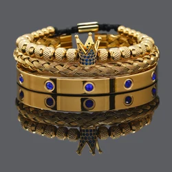 Luxury Set CZ Crown Charm Handmade Man Bracelet Roman Stainless Steel Blue Crystals Bangles Pulseras Jewelry