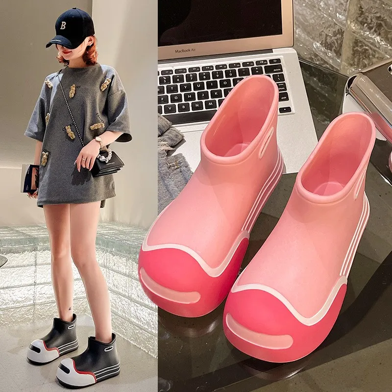 Spring And Summer New Waterproof Non-slip Fashion Colour Blocking Short Tube Women's Simple Simple Thick Bottom Rain Boots