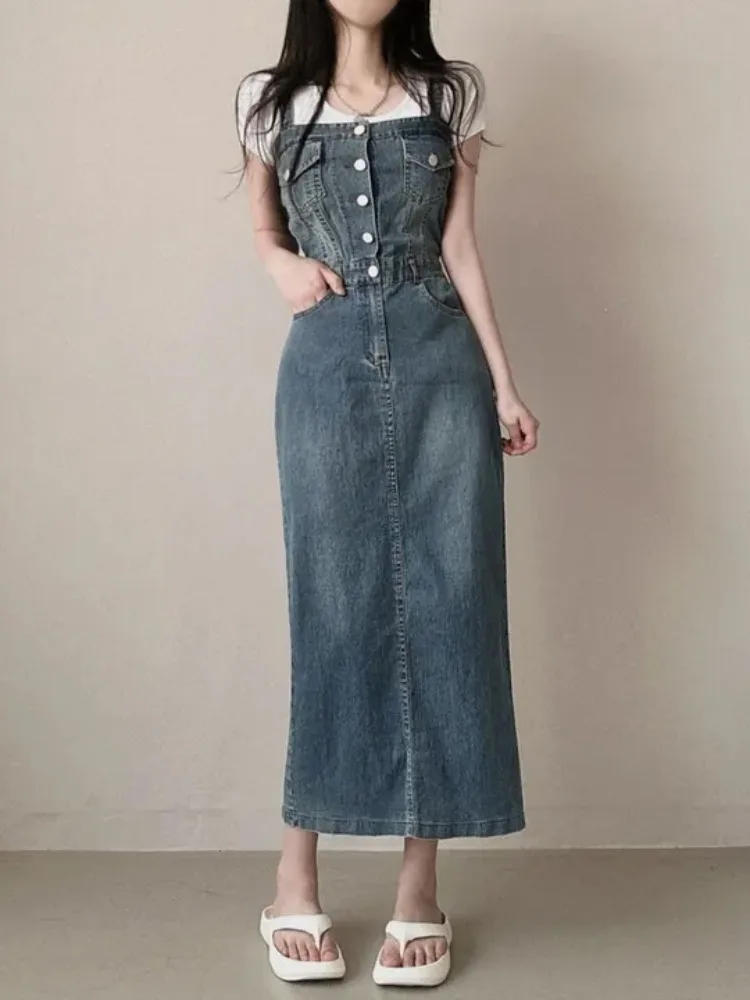 Vintage Chic Summer Age-Defng Lungo Strapl Denim Dr Donna Faionable Design unico Pendolarismo Sle Or Sve Dr