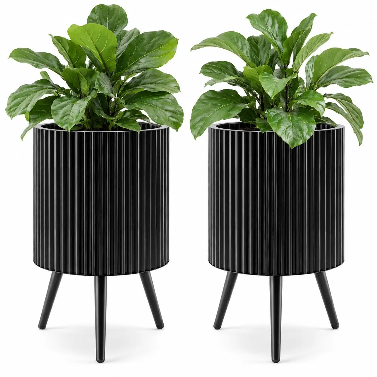 14 Inch Plant Pot w/Stand Set 2, Mid-Century Modern Fluted Planter, Customized