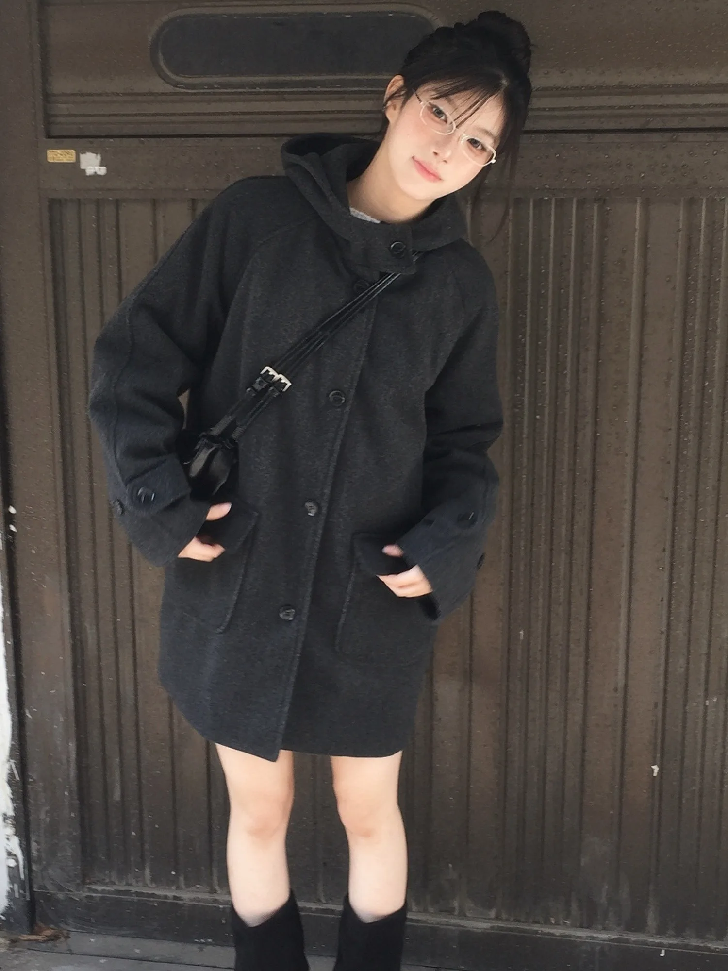 

Retro Japanese Sle College Wind Coat Women's Winter Cotton Blend Woolen Jaet Hooded Mid-Length Outerwear