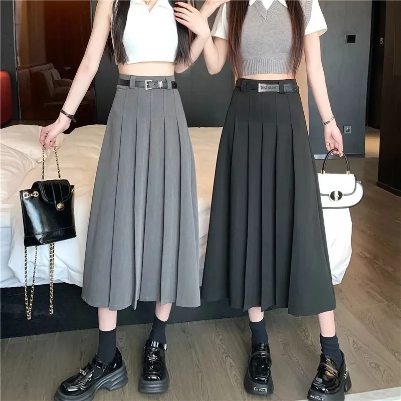 Grey High-Waisted A- Line Skirt Women's Clothing New Summer Petite Ins High-Waisted Slimming Medium-Length Skirt