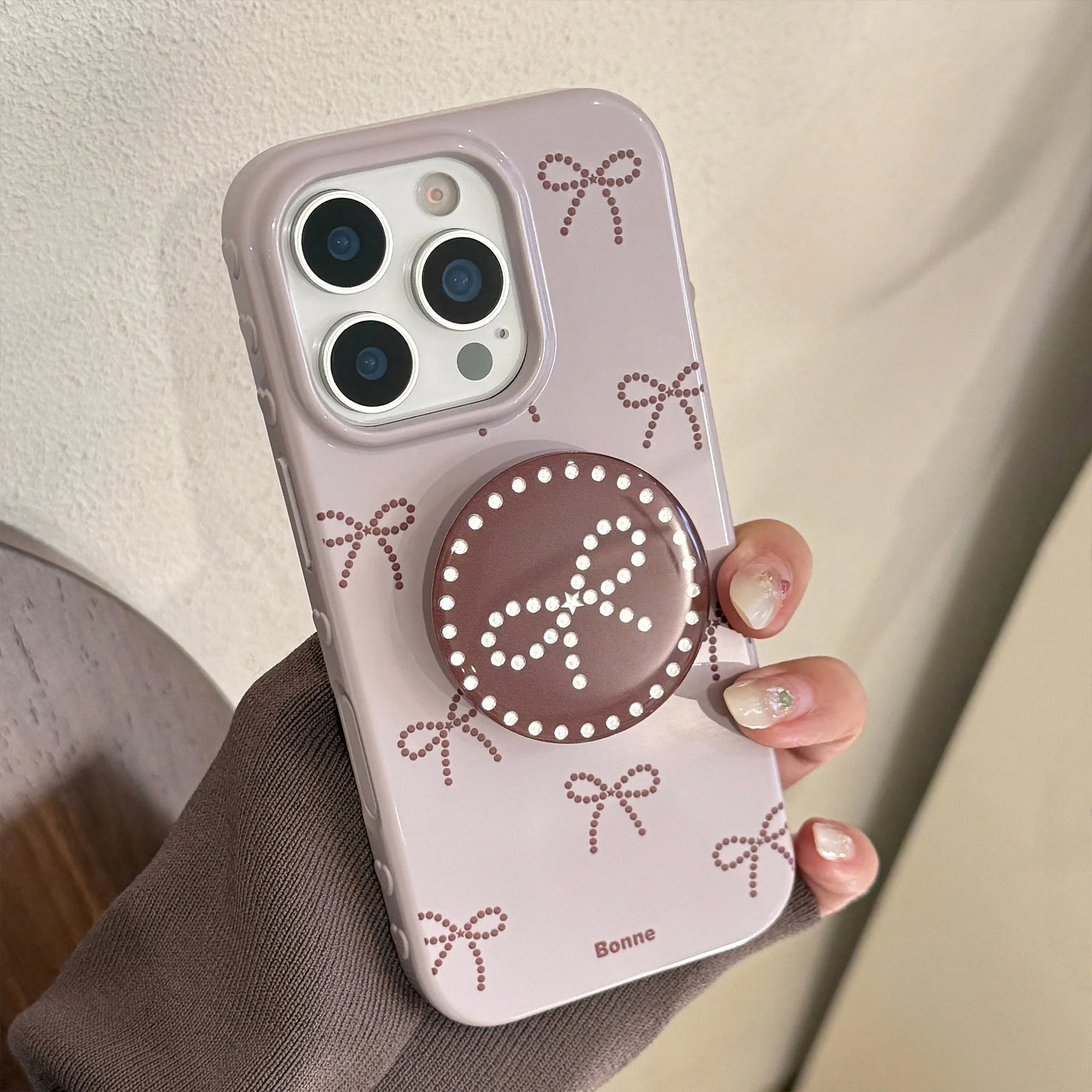 Ins نمط رمادي أرجواني القوس جراب هاتف آيفون 17 16 15 14 12 13 11 Pro ProMax Plus X XR غطاء هاتف مقاوم للصدمات