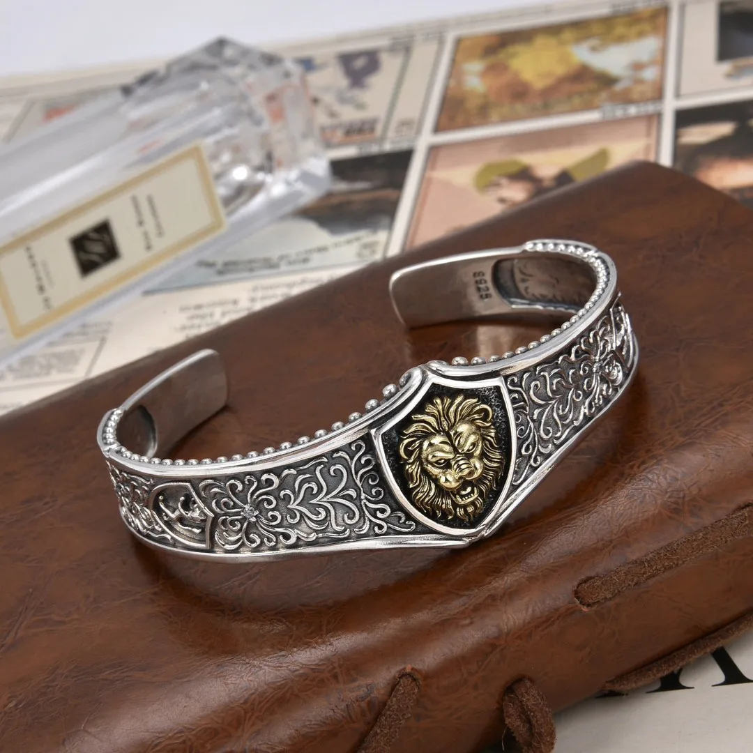 S925 Pure Silver Jewelry Lion Head Tang Grass Pattern Bracelet Simple Retro Thai Silver Open Bracelet