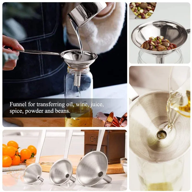 

MCGS-6X 3 In 1 Funnels For Filling Bottles Stainless Steel Small Kitchen Funnel Set For Transferring Essential Oils Liquid