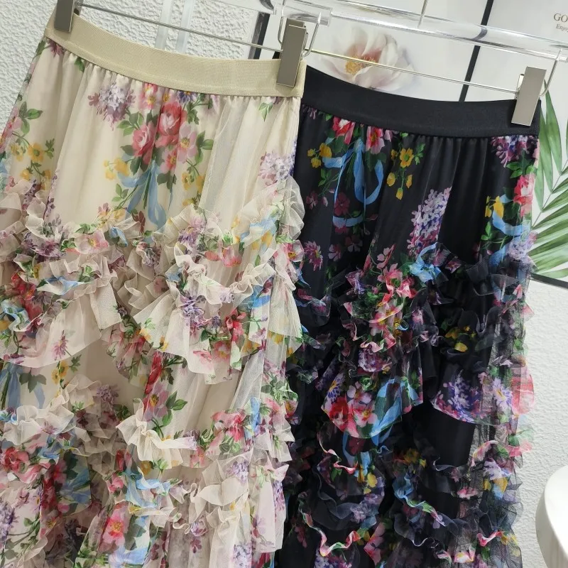 Feminine Irregular Colorful Flower Mesh Skirts Women’s 2024 Summer Fashion Skirt Fairy Temperament Loose Comfort A- Line Skirts