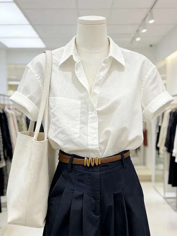 

Fashionable Anti-Aging Large Size Women's Summer 2026 Shirt And Wide Leg Pants Set Short Sleeve Turn-down Collar Two-piece Set
