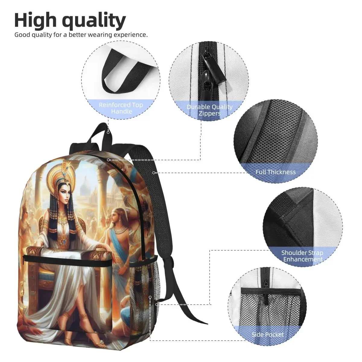 Cleopatra Vibrant Egyptian Woman Backpack Daypack Large Capacity Children BookBag School Bag Shoulder Bags for Men Women