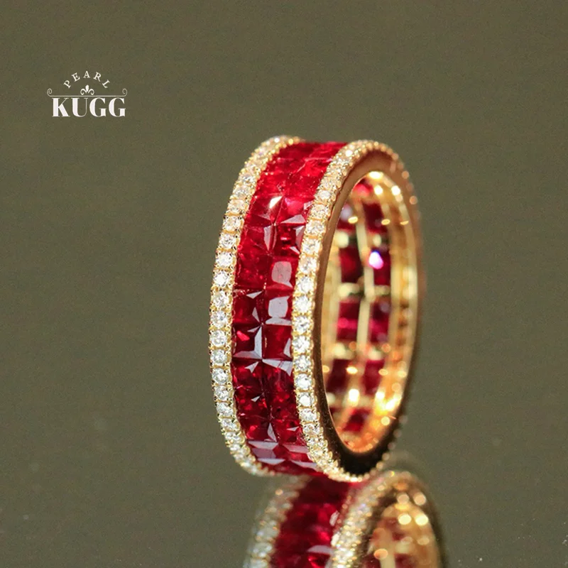 KUGG 100% 18K Yellow Gold Rings Luxury Fashion Design Shiny Diamond Natural Ruby Ring for Women Wedding High Party Jewelry