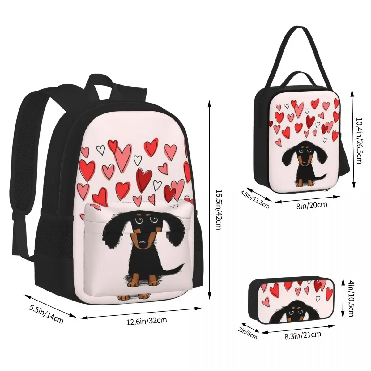 Cute Dachshund Puppy Dog With Valentine Hearts Backpacks Boy Girl Bookbag School Bags Rucksack Lunch Bag Pen Bag Three-Piece Set