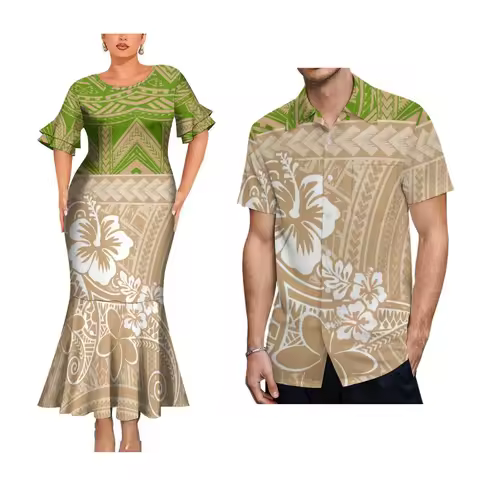 Custom Hawaiian Floral Print Women'S Petal-Sleeve Dress Ethnic Evening Dress Polynesian Island Design Men'S Pocket Shirt