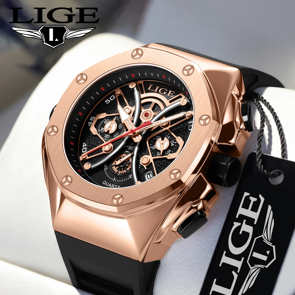 LIGE-Relógio de quartzo impermeável para homens, Joker Dial, relógio de pulso com pulseira de borracha, meteorito Shell Design, data automática, marca superior, 30m