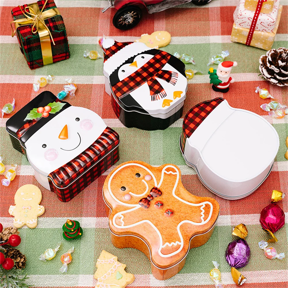 1Pcs Christmas Iron Candy Box With Lid Santa Claus Snowman Penguin Gingerbread Man Cookies Snacks Gift Box Xmas Party Decoration