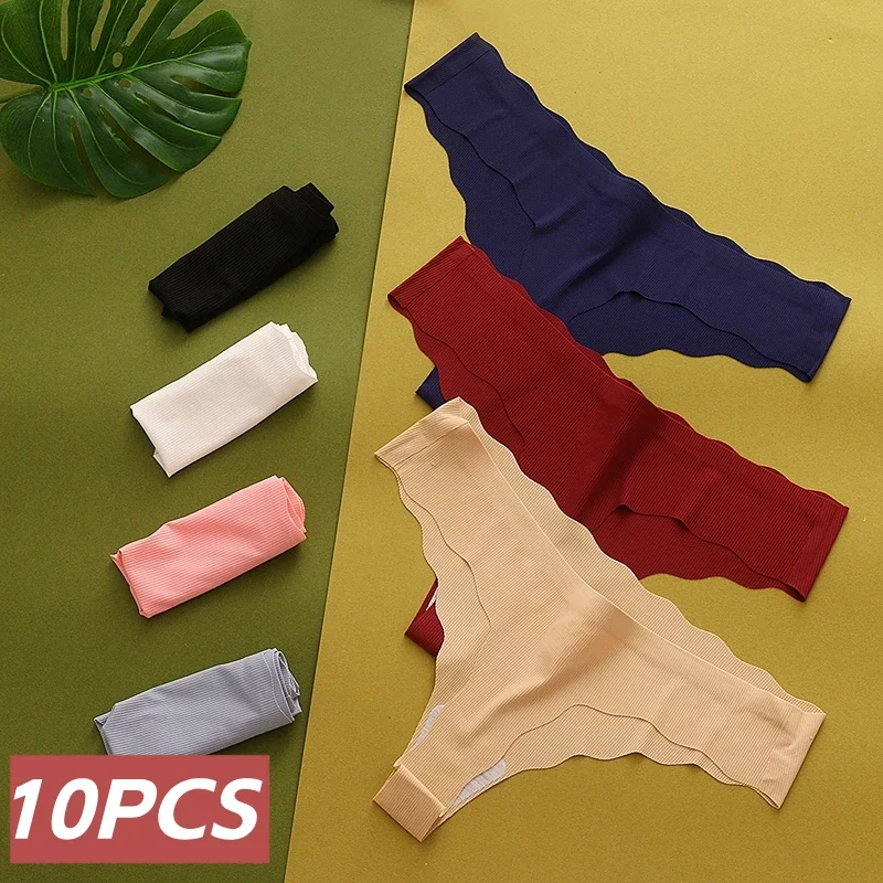 10PCS/Set Sexy Thong Women's Ice Silk Panties Seamless Female Underwear Temptation Solid Fitness Lady G-String Lingerie