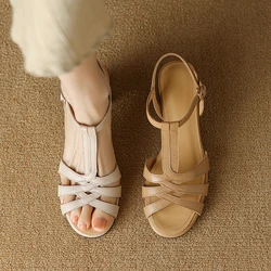 Summer Sandals Retro Ladies Open Toe Narrow Band Shoes Spring Vintage Roman Gladiator Shoes Apricot Beige Women Sandals