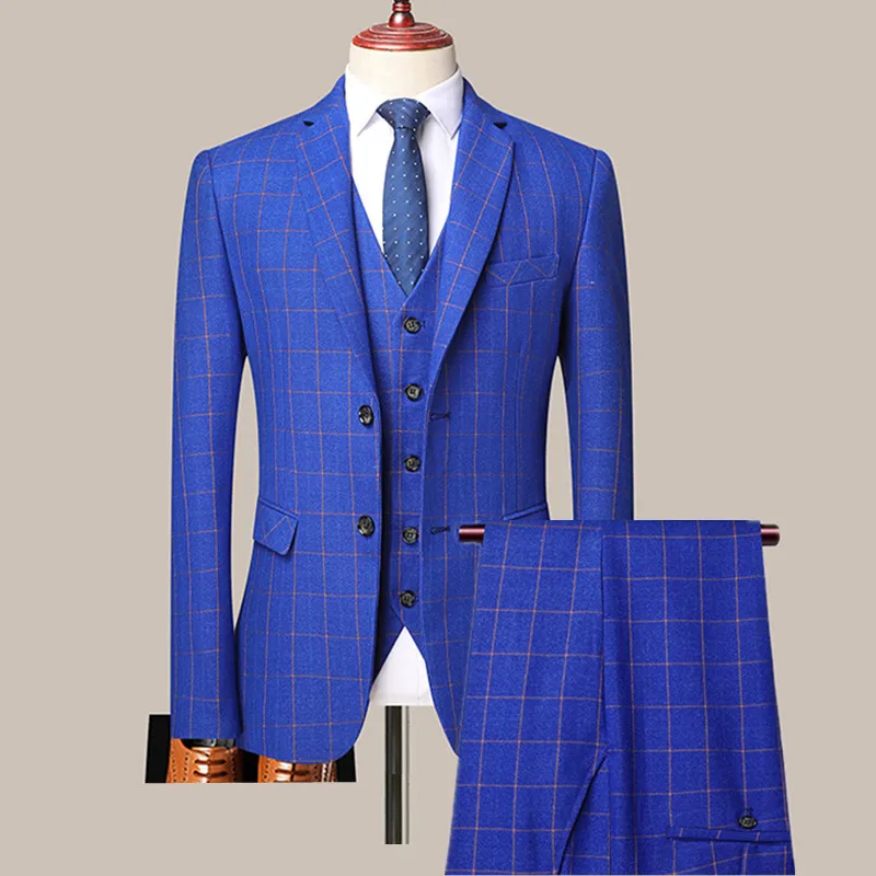 3 Pcs Blazers Pants Vest Set / 2023 New Men\'s Business Professional Classic Fashion Banquet Plaid Coat Waistcoat 2 Pcs Suits