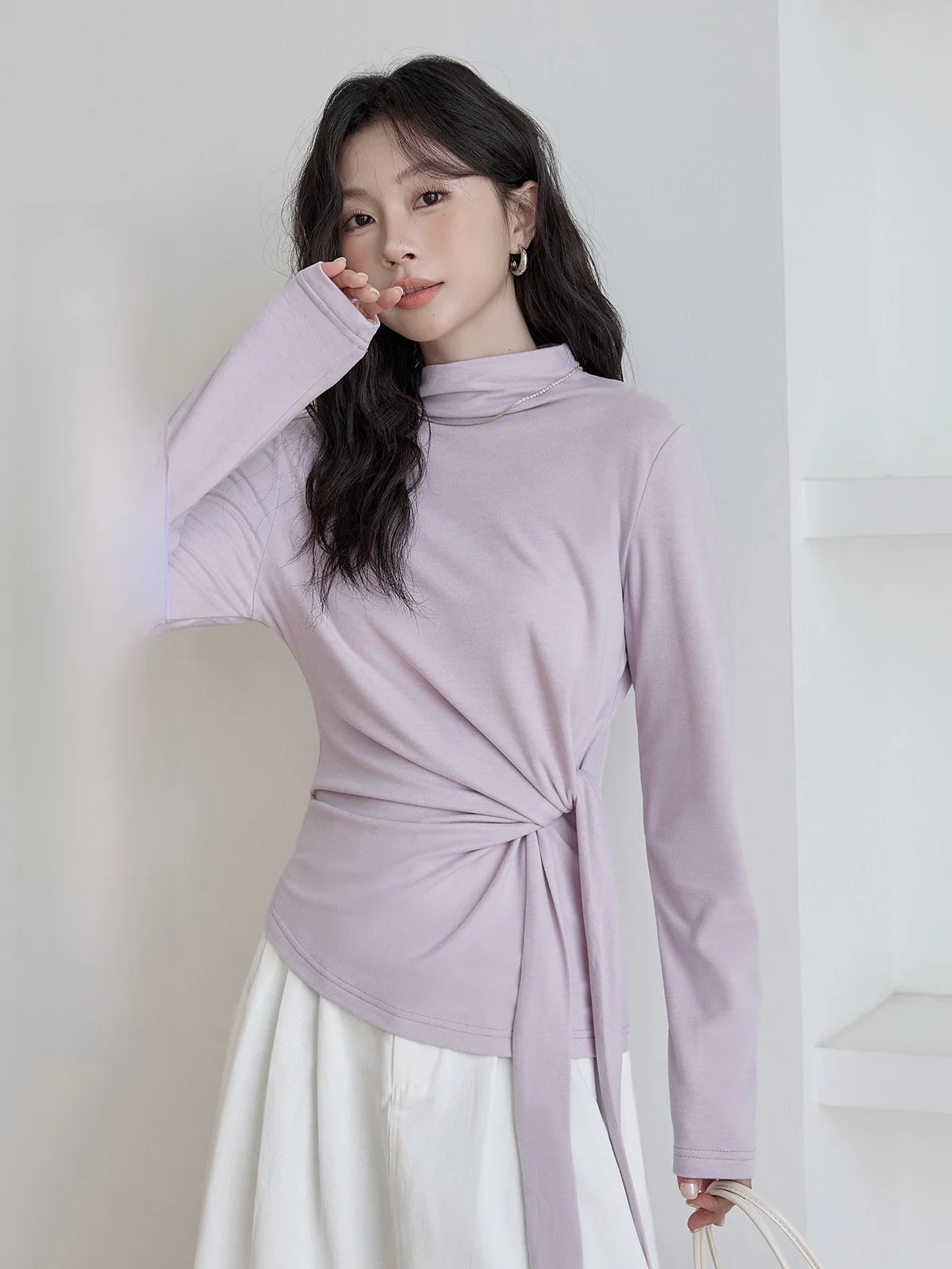 

Фиолетовая удлиненная футболка HuiXi для женщин, осень-зима 2025, новая, с поясом, приталенная, облегающая, базовый слой, в корейском стиле