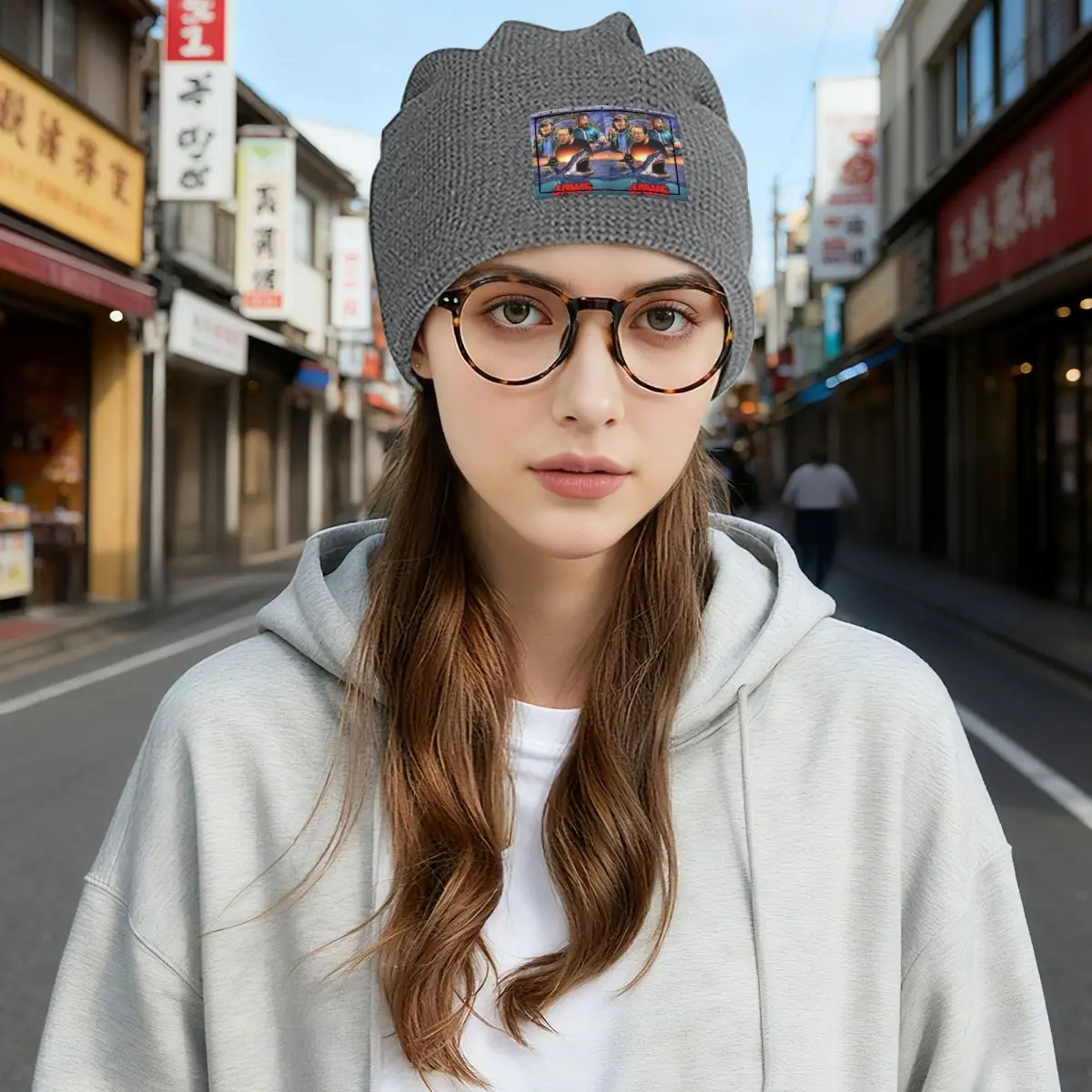 Jaws Horror Movie Waffle Knit Fleece Lined Beanie with PU Leather Patch Unisex Warm Winter Soft Cap