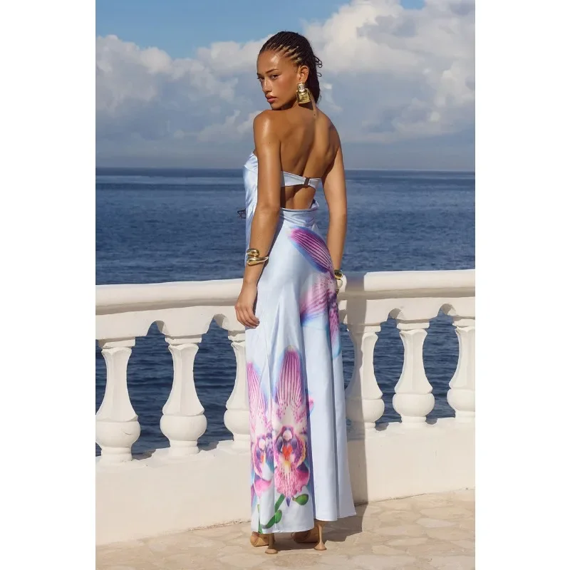 فستان صيفي بوهو طويل بدون ظهر مزين بالزهور أنيق بدون أكتاف لحفلات الكوكتيل فستان طويل مثير للنساء Y2K بدون حمالات