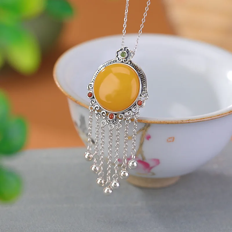 S925 Sterling Silver Red Amber Style Auspicious Pattern Ruyi Tassel Pendant