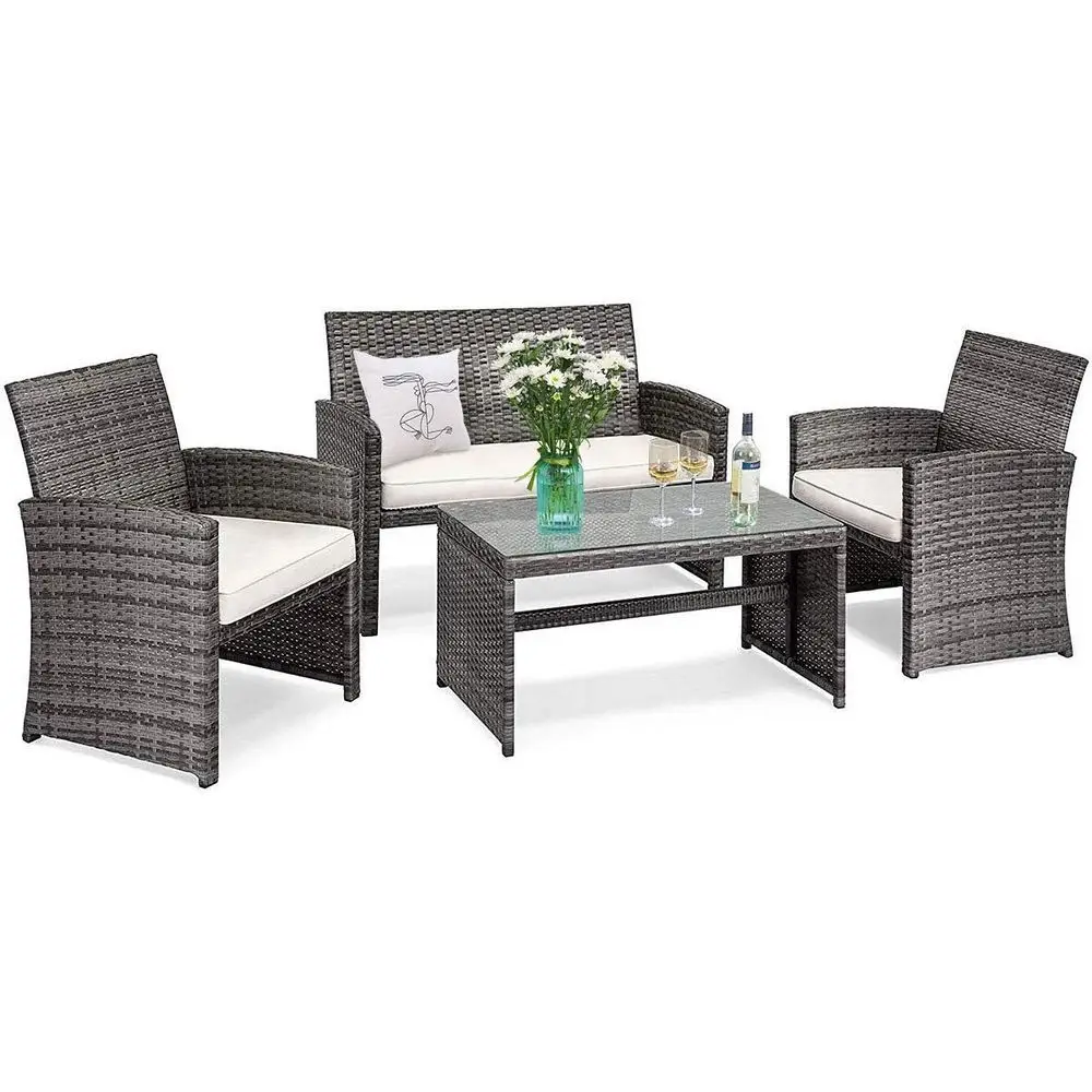 

4-Piece Outdoor Wicker Patio Sectional Set with Cushions and Tempered Glass Table for Garden, Poolside, or Balcony