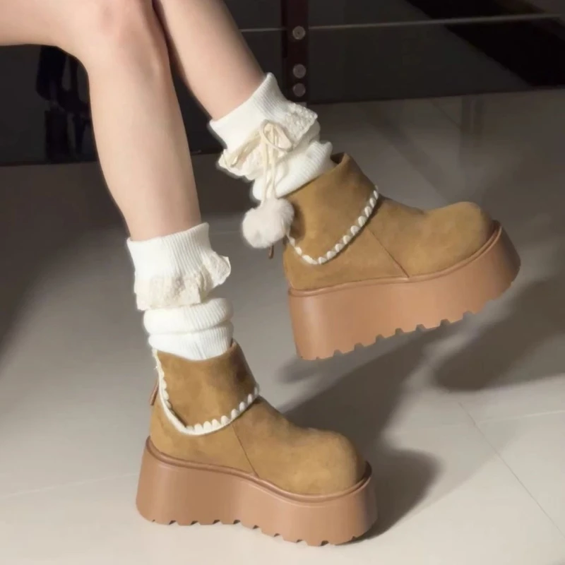 2026 Autumn Women Suede Platform Boots Retro Lace Up Round Toe Thick Bottom Ankle Booties Fashion Comfortable Daily Wear