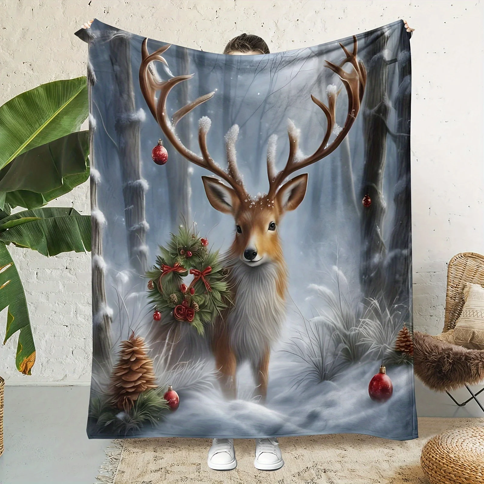 A Single Ultra-Soft Flannel Sheet Featuring a Christmas Elk Design, Ideal for Use on Sofas Or in Bedrooms, Makes a Great Gift. I